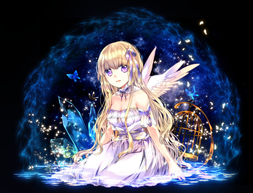 1girl, angel_wings, bangs, birdcage, blonde_hair, breasts, bug, butterfly, cage, cleavage, clover, commentary_request, crystal, detached_collar, detached_sleeves, dress, eyebrows_visible_through_hair, feathered_wings, four-leaf_clover, hair_ribbon, head_tilt, in_water, insect, kano_(pixiv271651), light_particles, long_hair, looking_at_viewer, medium_breasts, mixed-language_commentary, night, night_sky, parted_lips, petals, pixiv_fantasia, pixiv_fantasia_last_saga, pointy_ears, purple_ribbon, ribbon, shiny, shiny_hair, sky, solo, star_(sky), starry_sky, strapless, strapless_dress, very_long_hair, violet_eyes, white_dress, wings