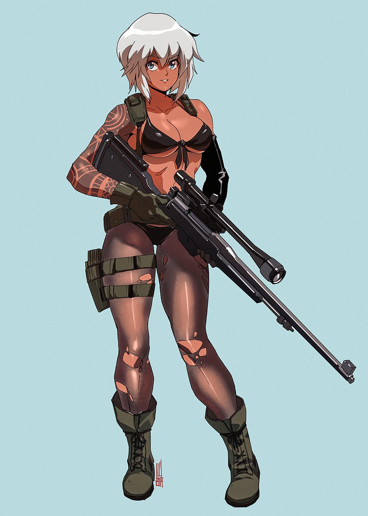 1girl, arm_tattoo, bikini, black_bikini, blue_background, blue_eyes, boots, borrowed_character