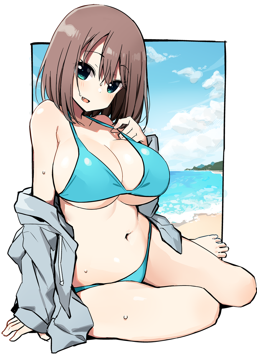 1girl, barefoot, beach, bikini, blue_bikini, breasts, brown_hair, cleavage, collarbone, day, drawstring, fang, full_body, green_eyes, grey_jacket, hair_ornament, hairclip, highres, hood, hooded_jacket, hoodie, jacket, large_breasts, looking_at_viewer, navel, open_mouth, saki, shisoneri, short_hair, sitting, solo, swimsuit, unozawa_shiori, yokozuwari