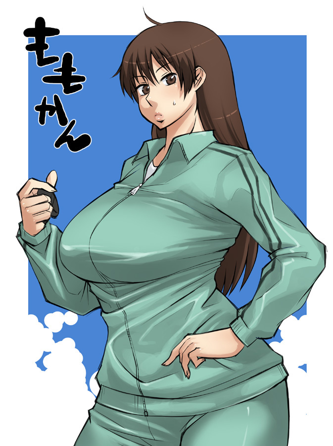 brown_eyes, brown_hair, enoshima_iki, gym_outfit, huge_breasts, long_hair, momoe_maria, ookiku_furikabutte, solo, sweatdrop, track_suit