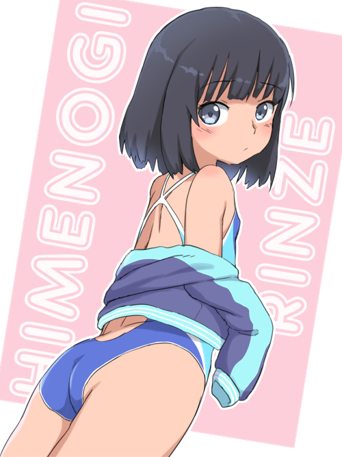 1girl, ass, bangs, black_hair, blue_eyes, blue_swimsuit, blunt_bangs, blush