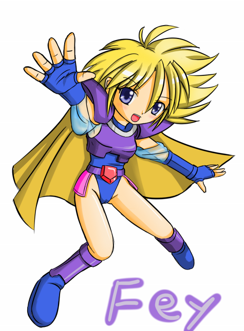 armor, blonde_hair, blue_eyes, boots, cape, faye, female, final_fantasy, final_fantasy_mystic_quest, fingerless_gloves, gloves, kinkira, leotard, open_mouth, short_hair, shoulder_pads, solo