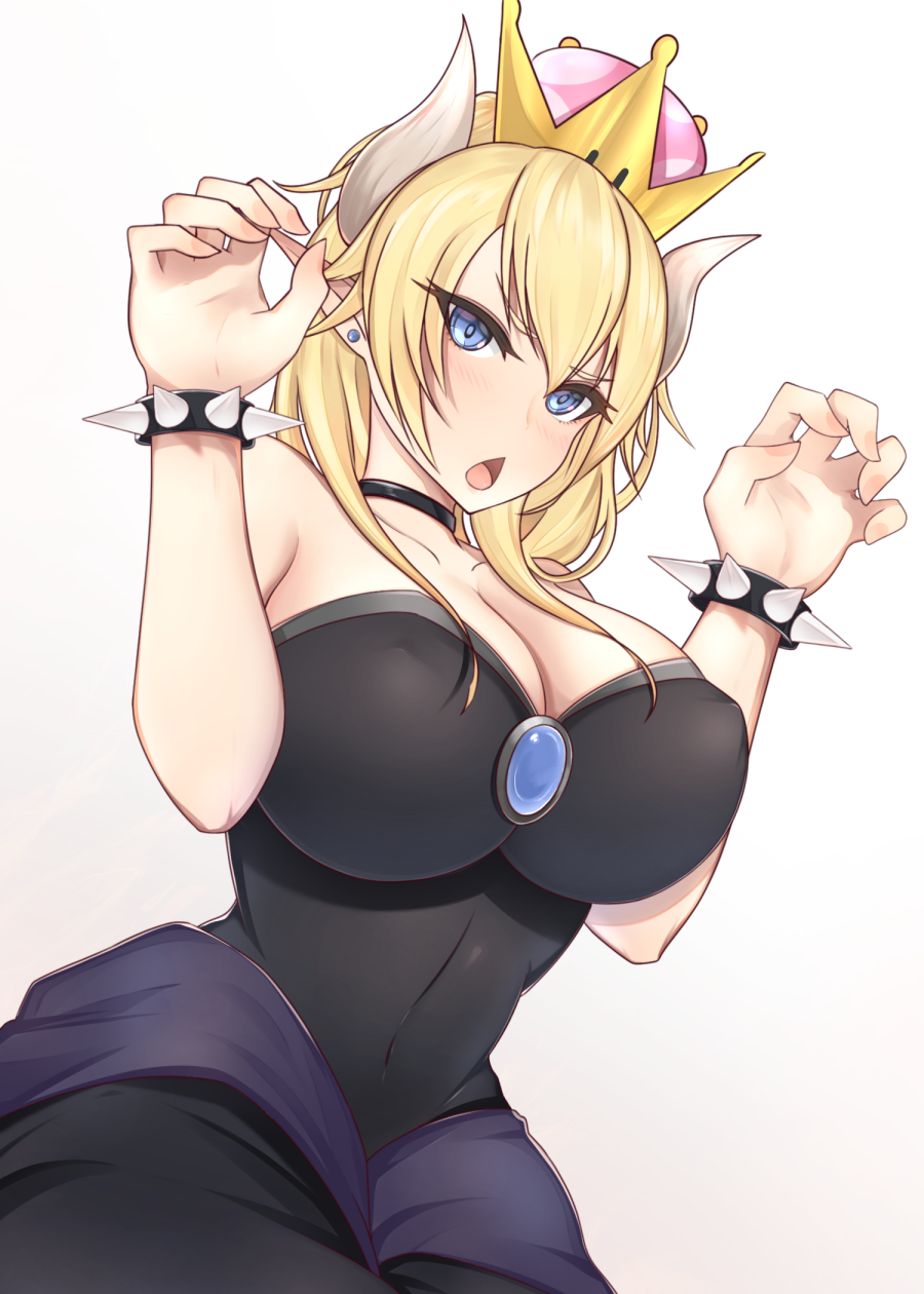 1girl, bangs, bare_shoulders, black_collar, black_dress, blonde_hair, blue_earrings, blue_eyes