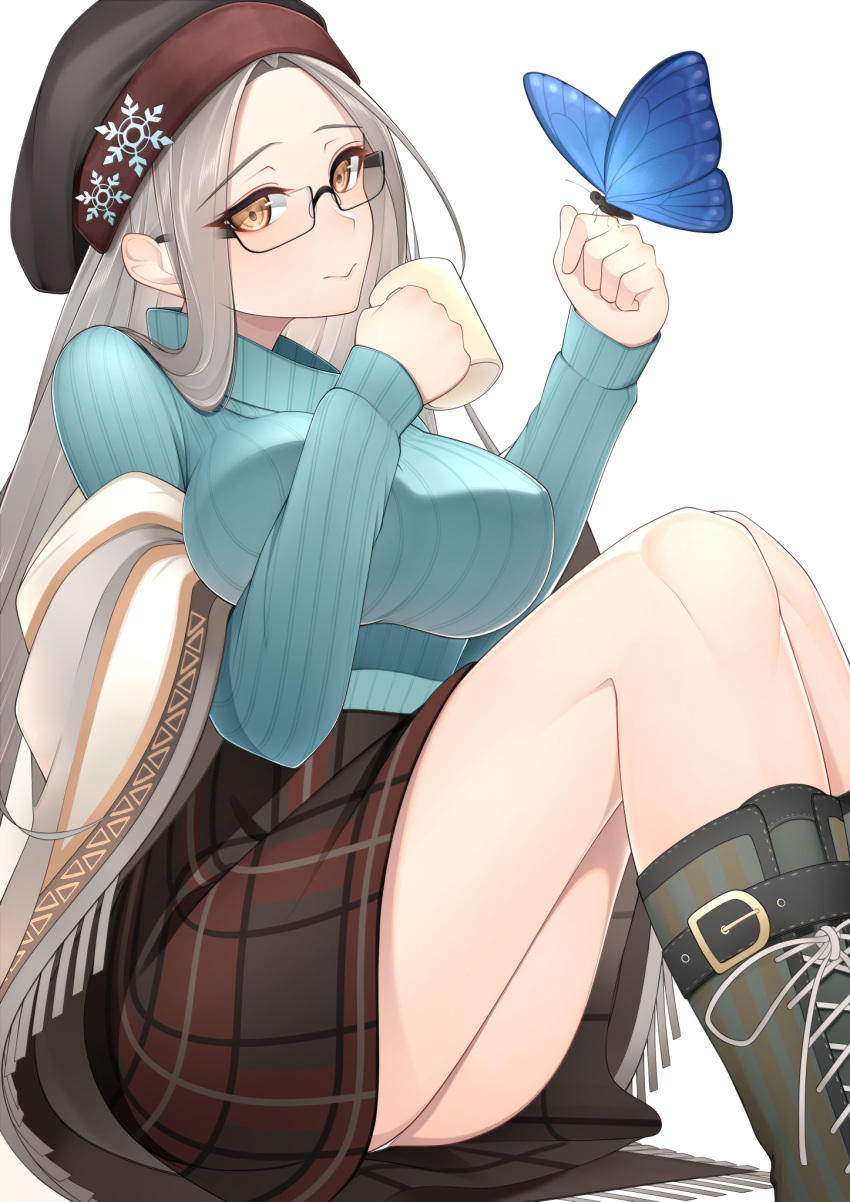 1girl, aran_sweater, azur_lane, belt, black-framed_eyewear, boots, breasts, brown_skirt