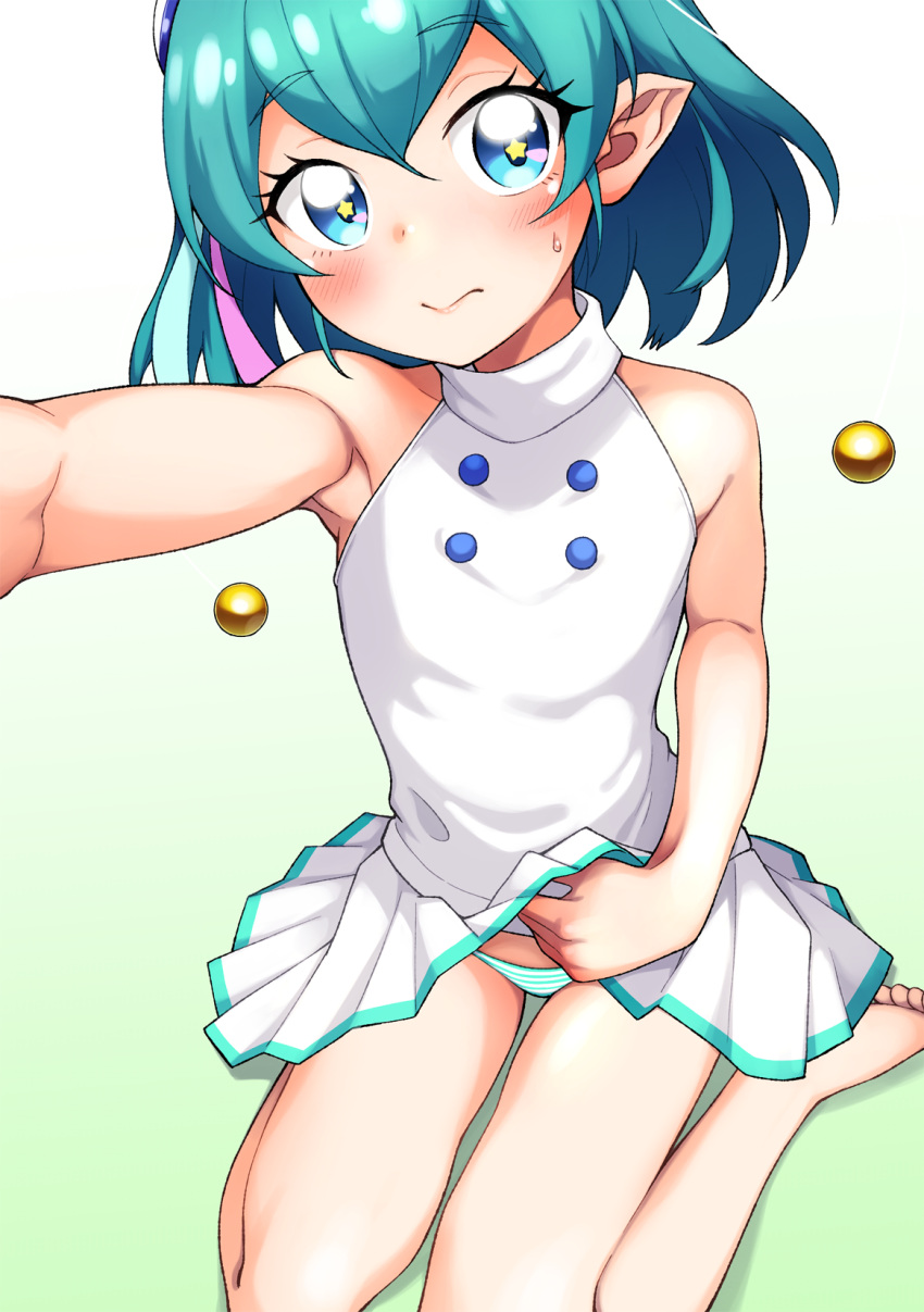 1girl, barefoot, blue_eyes, blue_hair, eyebrows_visible_through_hair, hagoromo_lala, hayashi_keita, highres