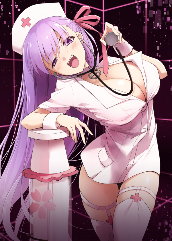 1girl, arched_back, arm_rest, bb_(fate)_(all), bb_(fate/extra_ccc), bb_shot!, blush, breasts