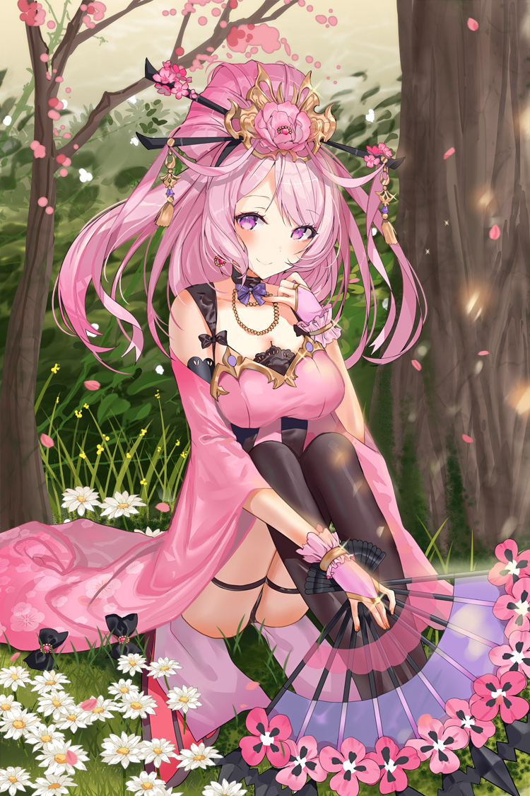 1girl, bangs, black_legwear, blush, breasts, bridal_gauntlets, closed_mouth, consort_yu_(houchi_shoujo), day, detached_sleeves, dress, earrings, fan, flower, folding_fan, full_body, glint, gloves, gold_trim, grass, hair_ornament, holding, holding_fan, houchi_shoujo, jewelry, large_breasts, lloule, long_hair, looking_at_viewer, necklace, outdoors, pink_dress, pink_gloves, pink_hair, sidelocks, sitting, smile, solo, thigh-highs, thigh_strap, violet_eyes, white_flower