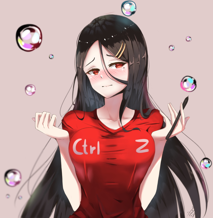 1girl, absurdres, bangs, bare_arms, black_hair, blush, breasts, bubble