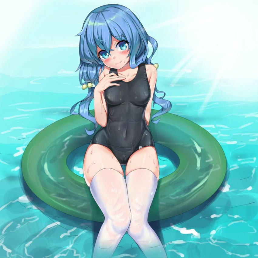 1girl, aiza-ku, black_swimsuit, blue_eyes, blue_hair, breasts, chinese_commmentary, collarbone