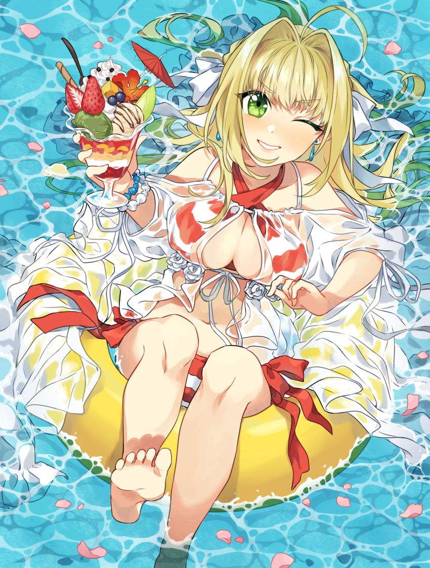 1girl, absurdres, ahoge, bare_shoulders, bikini, blonde_hair, blush, breasts