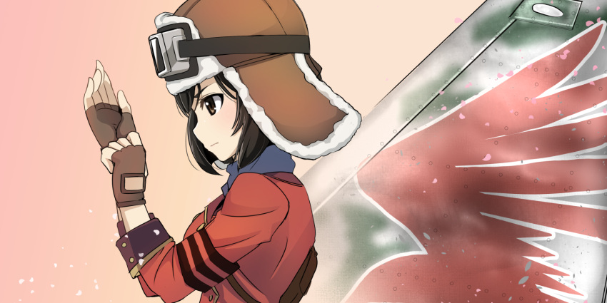 1girl, airplane_wing, aviator_cap, black_hair, brown_eyes, brown_gloves, coat, fingerless_gloves