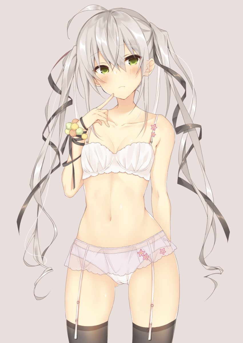 1girl, ahoge, arm_at_side, bangs, bare_shoulders, black_legwear, blush, bra
