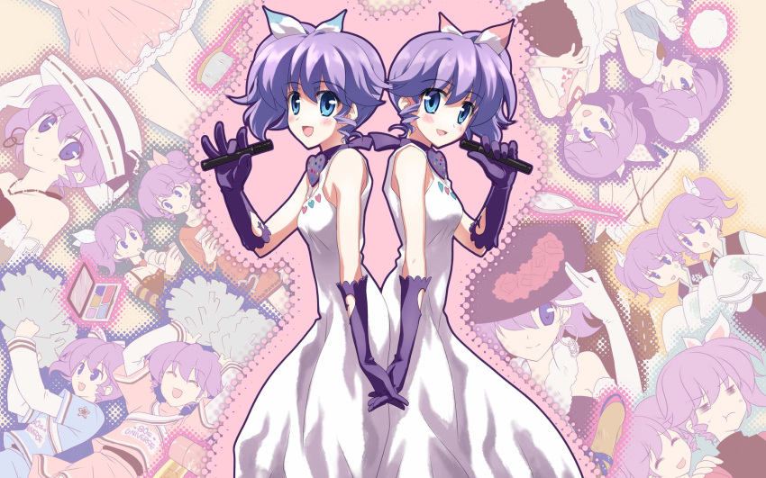 blue_eyes, dj_max_portable, gloves, hair_ribbon, hair_ribbons, highres, ladymade_star, microphone, microphones, multiple_girls, original, purple_hair, ribbon, ribbons, seha, short_hair, siblings, side_ponytail, twins, wallpaper, yuuki_tatsuya