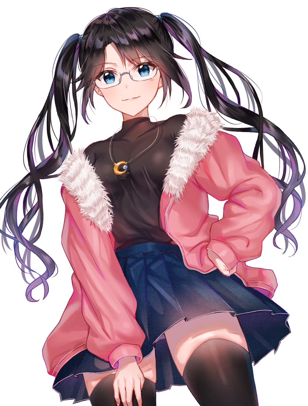 1girl, black_hair, black_legwear, black_shirt, blue_eyes, blue_skirt, breasts, collarbone