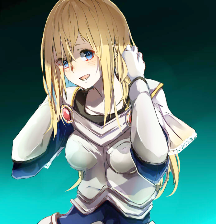 1girl, :d, armor, bangs, blonde_hair, blue_eyes, boobplate, bracer