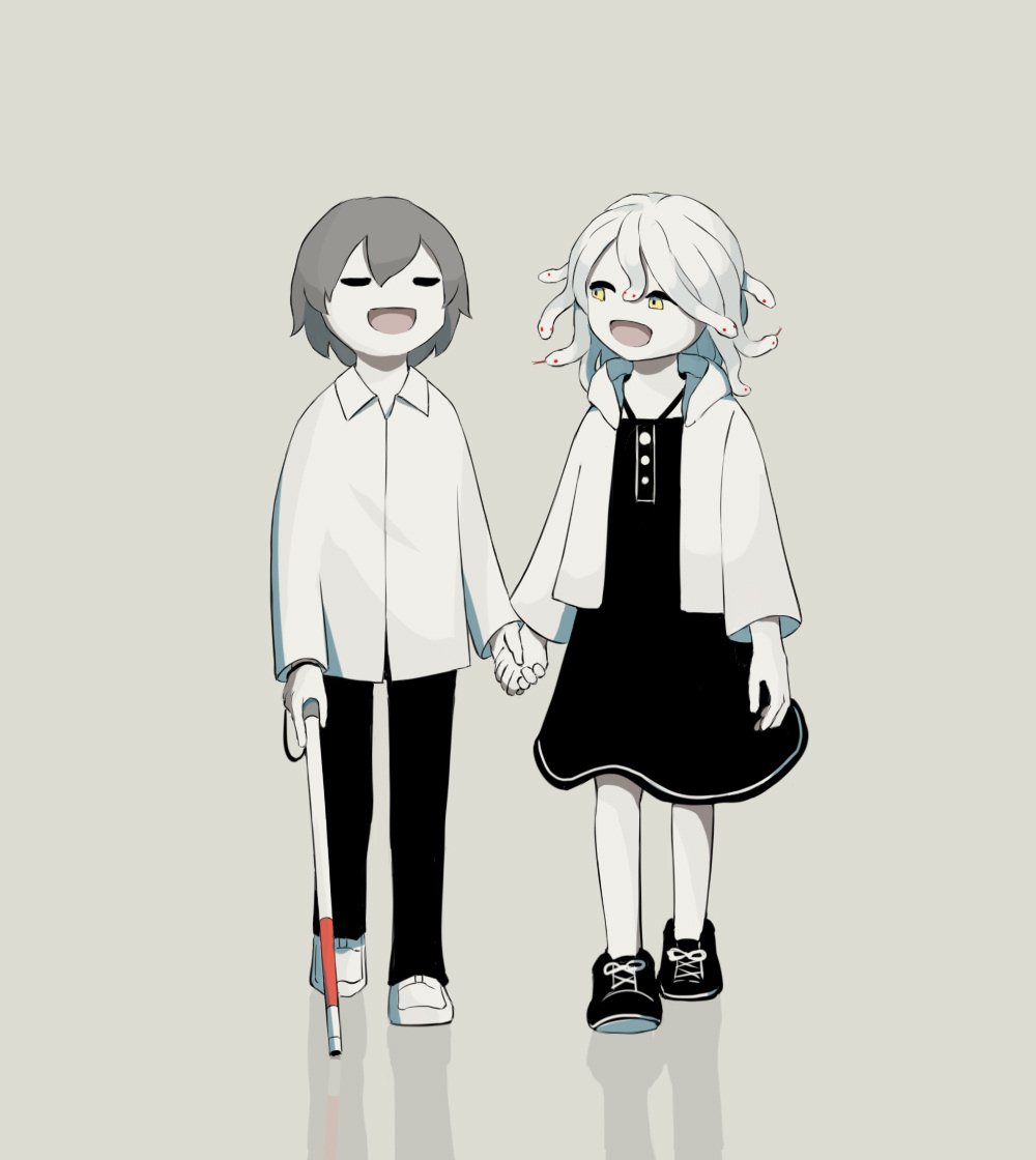 1boy, 1girl, :d, avogado6, black_dress, blind, cane, dress, gorgon, grey_background, hair_between_eyes, hand_holding, limited_palette, looking_at_another, muted_color, open_mouth, original, shirt, short_hair, simple_background, smile, snake_hair, walking, white_cane, white_shirt, yellow_eyes