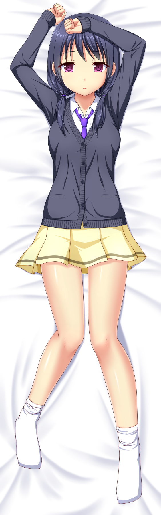 1girl, arms_up, bangs, bed_sheet, black_cardigan, black_hair, cardigan, collared_shirt