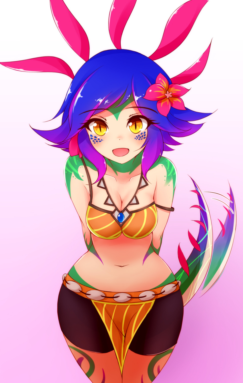 1girl, :d, arms_behind_back, ayatori_(aytr), bare_shoulders, bike_shorts, blonde_hair, blush, breasts, cleavage, collarbone, crop_top, eyebrows_visible_through_hair, flower, hair_flower, hair_ornament, happy, highres, jewelry, league_of_legends, leaning_forward, looking_at_viewer, medium_breasts, midriff, monster_girl, navel, necklace, neeko_(league_of_legends), open_mouth, pelvic_curtain, slit_pupils, smile, solo, standing, strap_slip, tail, tail_wagging, wide_hips, yellow_eyes