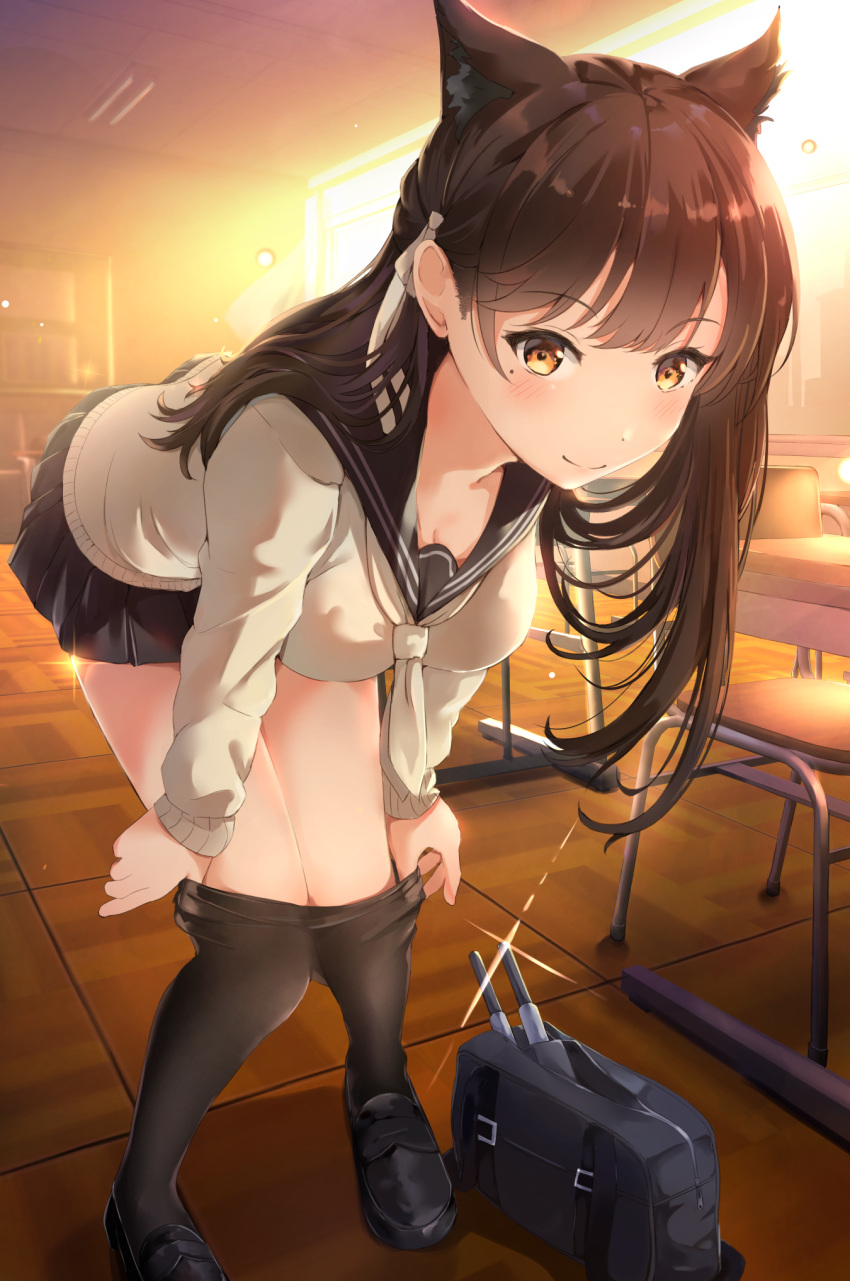1girl, animal_ears, atago_(azur_lane), atago_(school_daydream)_(azur_lane), azur_lane, bag, bangs, black_legwear