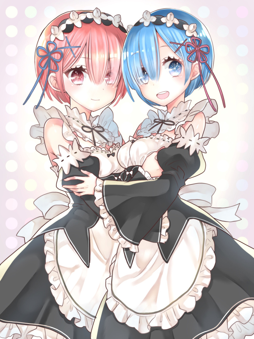 2girls, apron, asymmetrical_docking, bangs, bare_shoulders, black_bow, black_dress, black_ribbon, blue_eyes, blue_hair, bow, breast_press, breasts, closed_mouth, collar, detached_collar, detached_sleeves, dot_nose, dotted_background, dress, eyebrows_visible_through_hair, eyelashes, eyes_visible_through_hair, frilled_apron, frilled_collar, frilled_dress, frilled_sleeves, frills, hair_between_eyes, hair_ornament, hair_ribbon, hairband, hand_on_another's_arm, highres, juliet_sleeves, large_ribbon, lolita_hairband, long_sleeves, looking_at_viewer, maid_apron, medium_breasts, multiple_girls, open_mouth, pink_eyes, pink_hair, puffy_sleeves, purple_background, ram_(re:zero), re:zero_kara_hajimeru_isekai_seikatsu, rem_(re:zero), ribbon, round_teeth, short_hair, siblings, sisters, small_breasts, smile, star, star-shaped_pupils, symbol-shaped_pupils, teeth, underbust, waist_apron, white_background, white_collar, white_ribbon, x_hair_ornament, yucke_(artist)