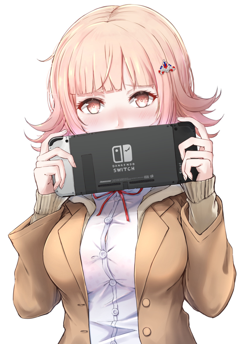 1girl, bangs, blunt_bangs, blush, breasts, brown_jacket, buttons, dangan_ronpa