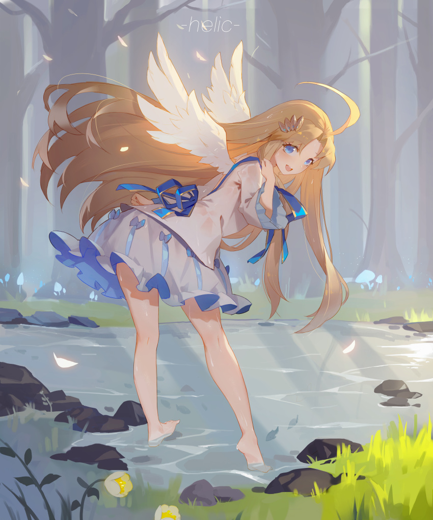 1girl, absurdres, blonde_hair, blue_eyes, cubies_(tiger_205), feathered_wings, firo_(tate_no_yuusha_no_nariagari), highres, long_hair, looking_at_viewer, open_mouth, outdoors, smile, solo, tate_no_yuusha_no_nariagari, very_long_hair, wading, water, white_wings, wings