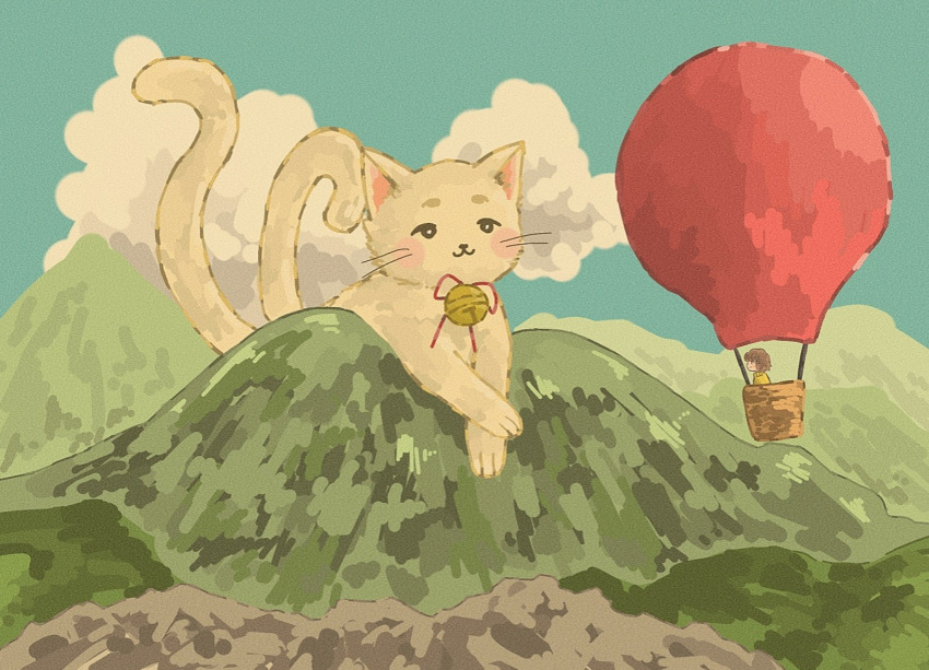 1girl, aircraft, animal, animal_ears, balloon, bangs, basket, bell