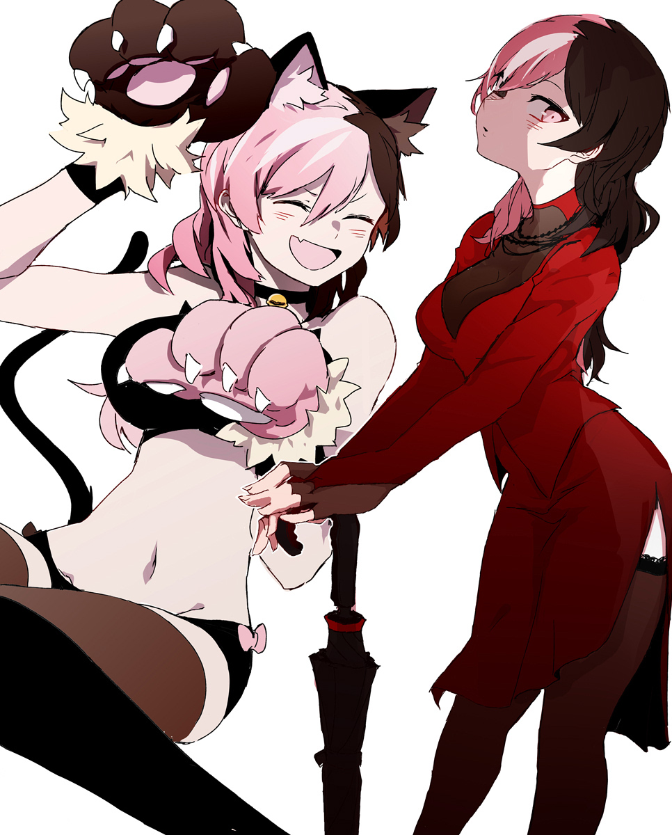 2girls, :d, ^_^, animal_ear_fluff, animal_ears, bangs, bare_shoulders, bell
