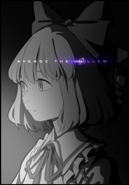 1girl, ascot, avengers, avengers:_endgame, bow, greyscale, hair_bow, hair_ornament, hair_ribbon, looking_at_another, mefomefo, monochrome, portrait, ribbon, satsuki_rin, short_hair, solo, touhou