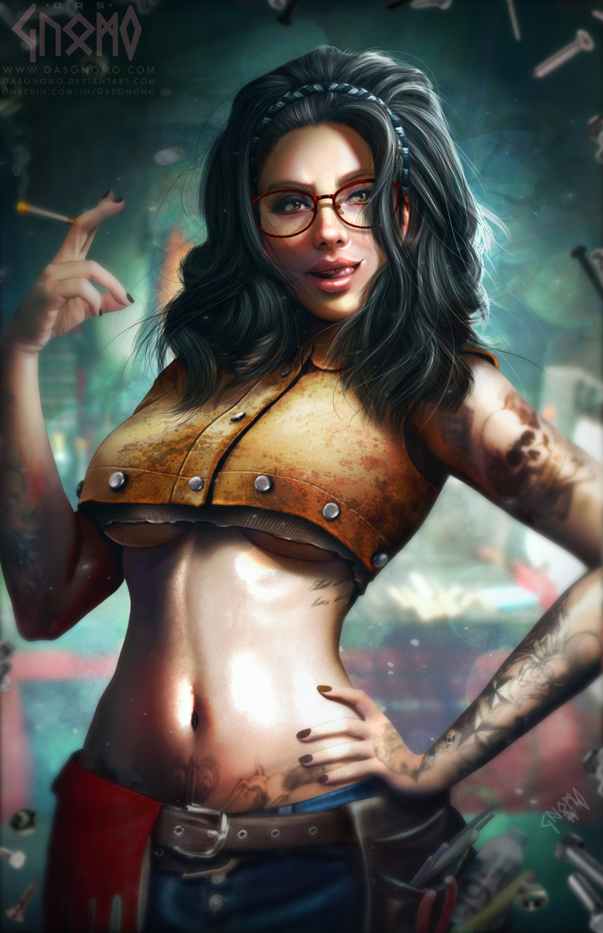1girl, belt, black_hair, black_nails, blurry, blurry_background, braid, breasts