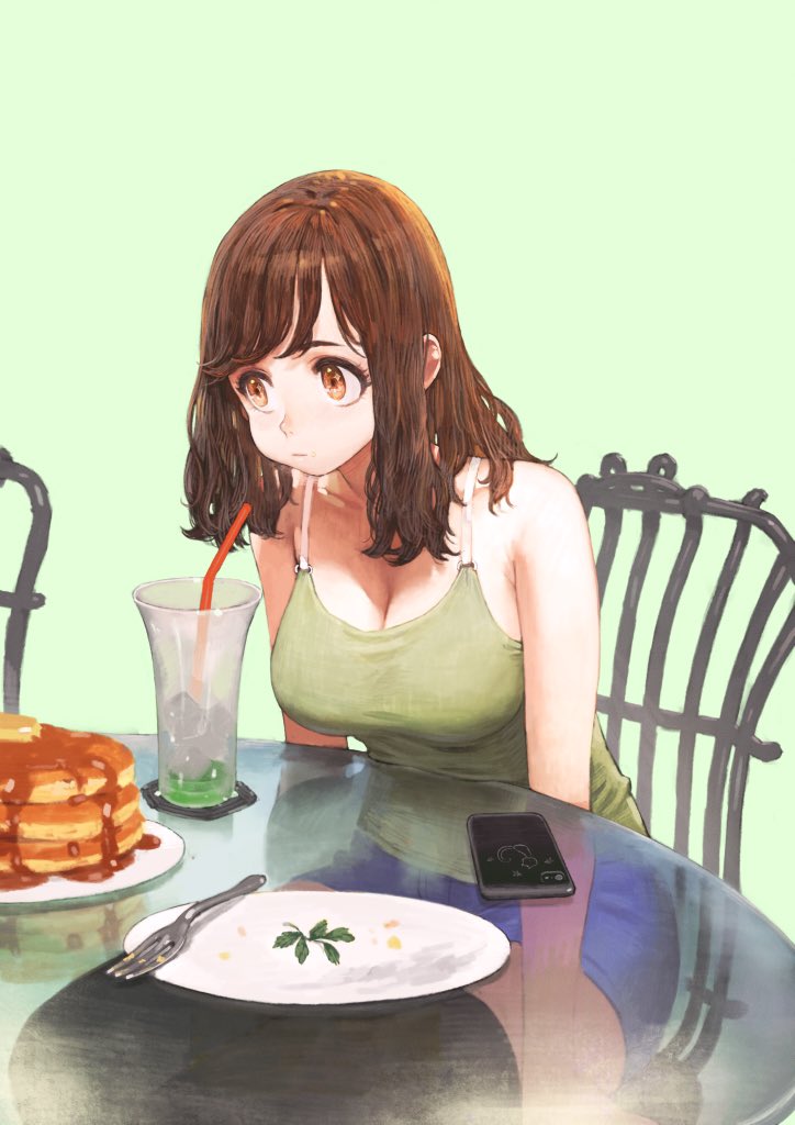 1girl, bangs, black_legwear, blue_shorts, breasts, brown_hair, butter, cellphone, chair, cheesecake, cleavage, coaster, collarbone, denim, denim_shorts, drinking_straw, food, fork, glass, green_background, green_shirt, ice, ice_cube, jun_(seojh1029), large_breasts, leaning_forward, long_hair, looking_away, mochi, orange_eyes, original, pancake, phone, plate, shirt, short_shorts, shorts, sitting, sleeveless, sleeveless_shirt, smartphone, solo, spaghetti_strap, syrup, table, thigh-highs