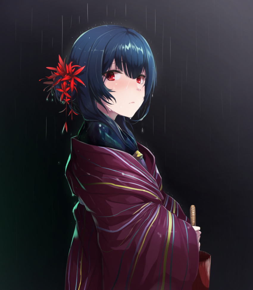 1girl, bangs, blue_hair, blush, closed_mouth, closed_umbrella, dark_background, eyebrows_visible_through_hair