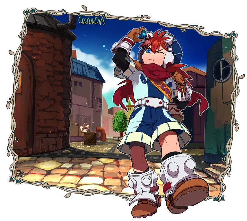 1boy, 1girl, building, closed_mouth, commentary_request, creature, gloves, grandia, grandia_i, hair_ornament, hat, justin_(grandia), medium_hair, onnomono, purple_hair, sue_(grandia)