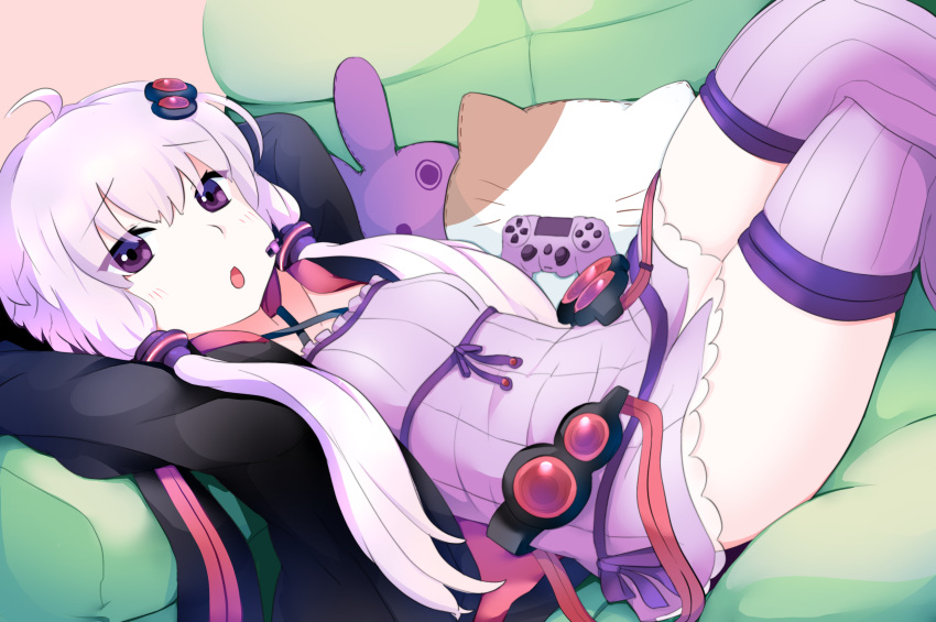 1girl, :o, absurdres, arms_up, bangs, black_jacket, blush, bomitto_(zundaffy), breasts, commentary_request, controller, couch, criss-cross_halter, dress, dualshock, eyebrows_visible_through_hair, from_side, game_controller, gamepad, halter_dress, halterneck, highres, jacket, knees_up, legs_crossed, long_hair, long_sleeves, looking_at_viewer, looking_to_the_side, lying, on_back, on_couch, open_clothes, open_jacket, open_mouth, pillow, purple_dress, purple_hair, purple_legwear, short_hair_with_long_locks, sidelocks, small_breasts, solo, thigh-highs, thighs, violet_eyes, voiceroid, yuzuki_yukari, zettai_ryouiki