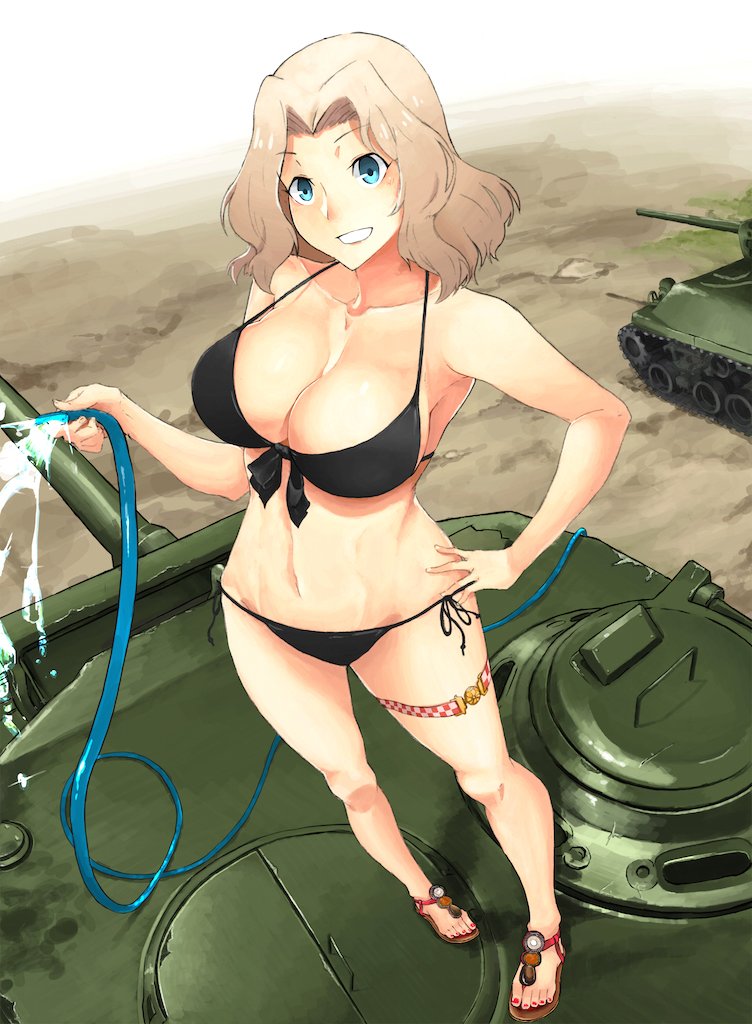 1girl, bikini, black_bikini, blonde_hair, blue_eyes, breasts, brown_footwear, cleavage
