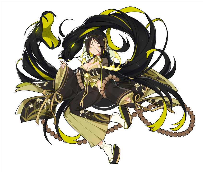 1girl, absurdres, black_hair, breasts, cleavage, earrings, floral_print, full_body