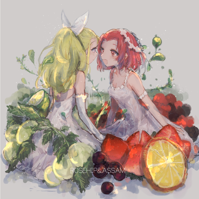 2girls, 32_(rt_32_bbk), armlet, assam, blonde_hair, blue_eyes, blueberry, breasts