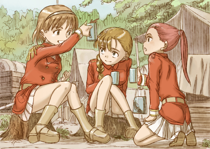 boots, bow, brown_hair, camp, cup, epaulettes, forest, hair_bow
