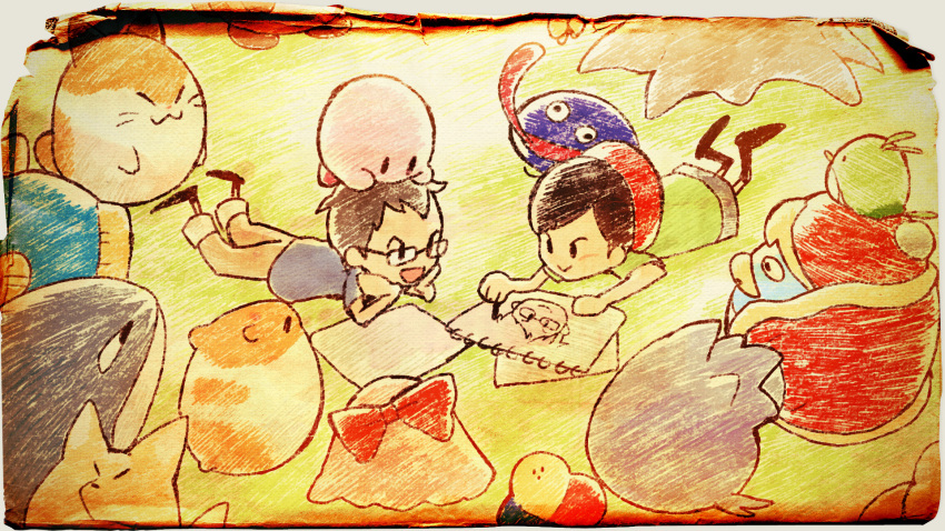 >:), 2girls, 6+boys, 90s, :3, :d, acro_(kirby), adeleine
