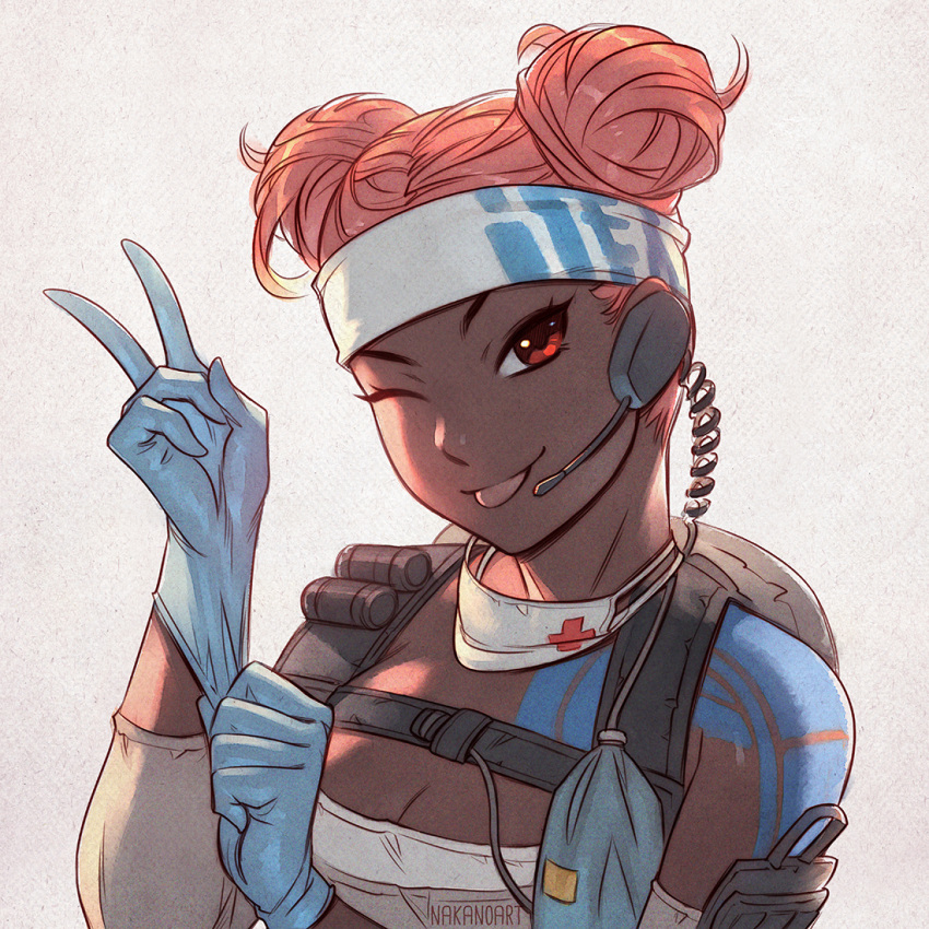 1girl, ;p, apex_legends, backlighting, backpack, bag, blue_gloves, breasts, cleavage, coiled_cord, commentary, dark_skin, double_bun, elbow_pads, english_commentary, glove_pull, gloves, headband, headset, lifeline_(apex_legends), looking_at_viewer, mask_around_neck, medic, medium_breasts, nana_nakano, one_eye_closed, pink_hair, red_eyes, short_hair, shoulder_tattoo, solo, surgical_mask, tattoo, tongue, tongue_out, upper_body, v, very_dark_skin