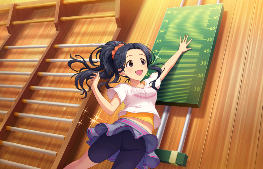 black_hair, blush, dress, egsmi_tsubaki, green_eyes, idolmaster, idolmaster_cinderella_girls, idolmaster_cinderella_girls_stalright_stage, long_hair, ponytail, smile