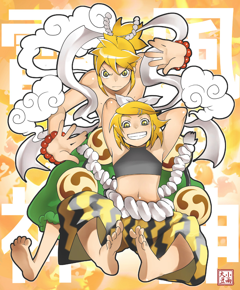 barefoot, bra, feet, fuujin, grin, kagamine_len, kagamine_rin, kosame_daizu