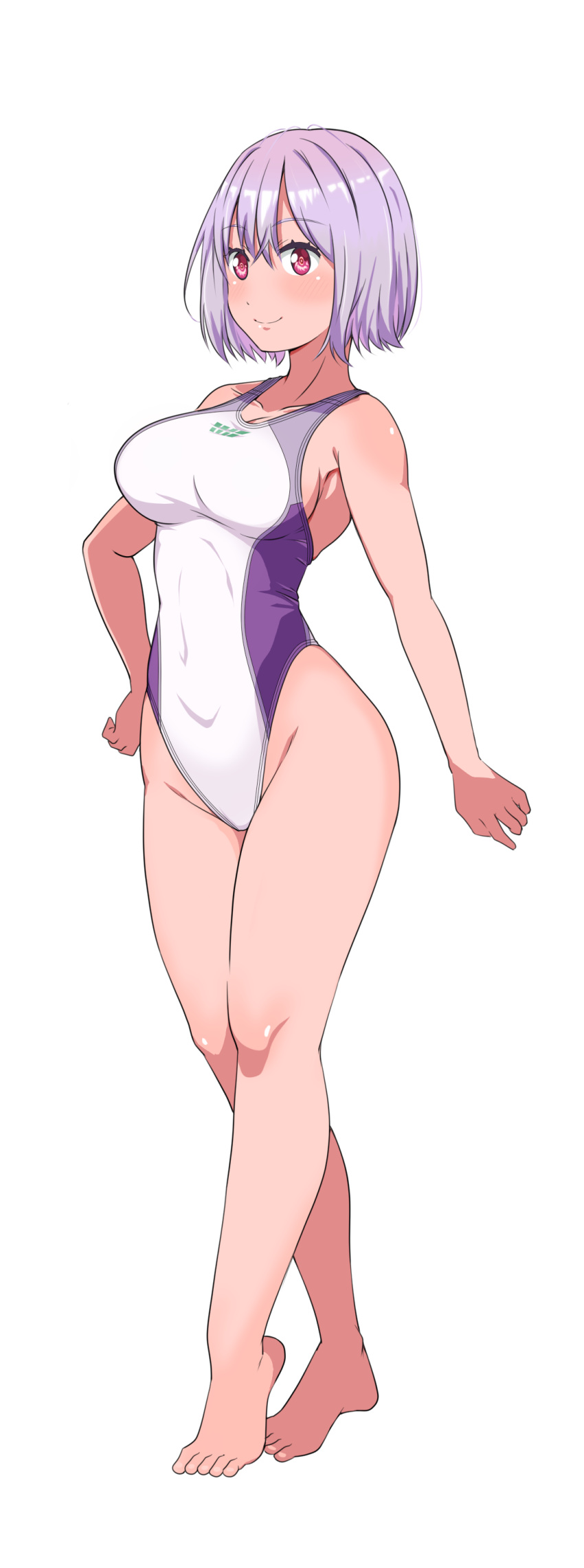 1girl, absurdres, aiuchi, barefoot, breasts, collarbone, competition_swimsuit, covered_navel, full_body, highleg, highleg_swimsuit, highres, large_breasts, legs_crossed, looking_at_viewer, medium_breasts, one-piece_swimsuit, purple_hair, red_eyes, shinjou_akane, short_hair, smile, solo, ssss.gridman, standing, swimsuit, white_swimsuit, wide_hips