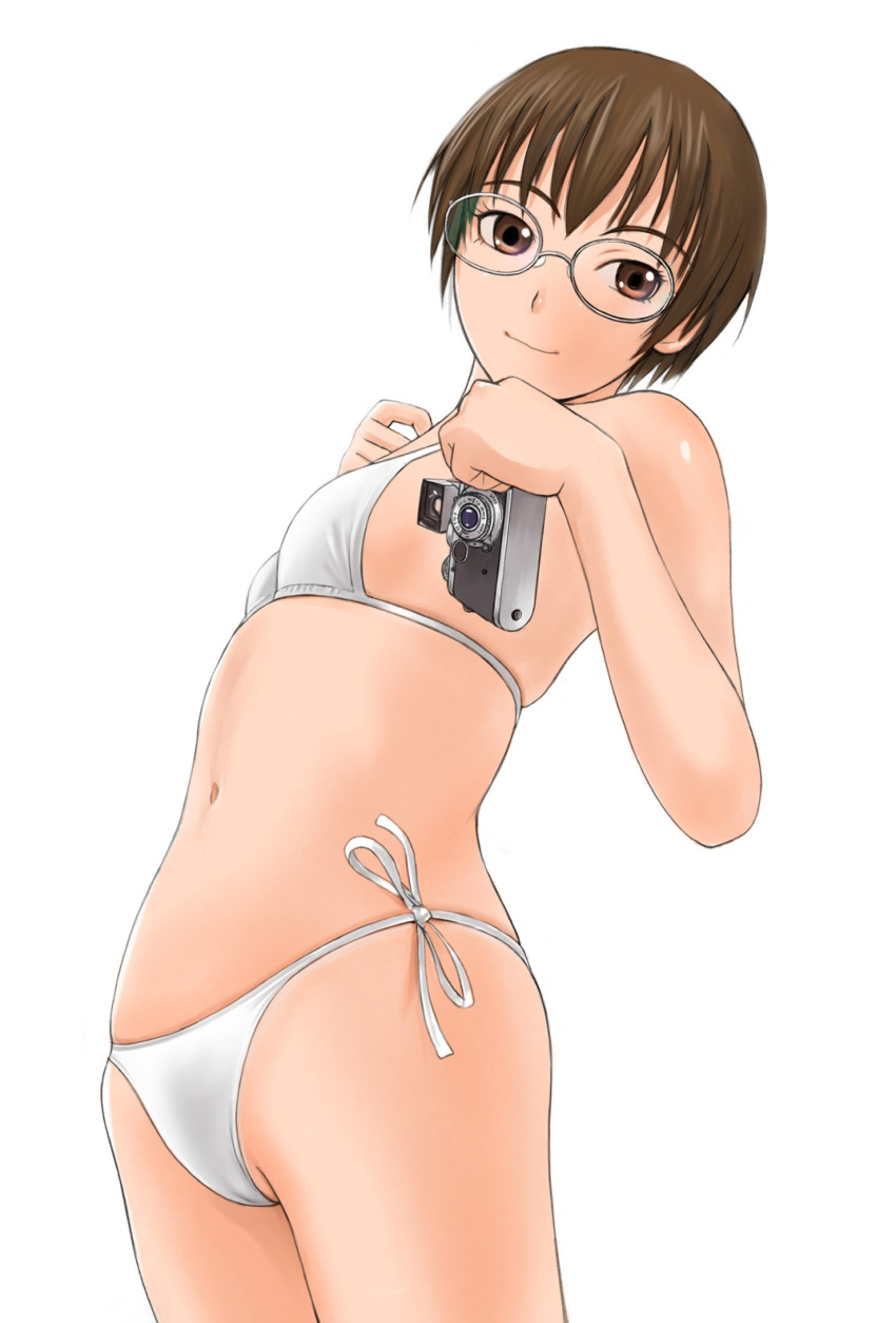brown_eyes, brown_hair, camera, flat_chest, glasses, highres, kamimura, masuko_mika