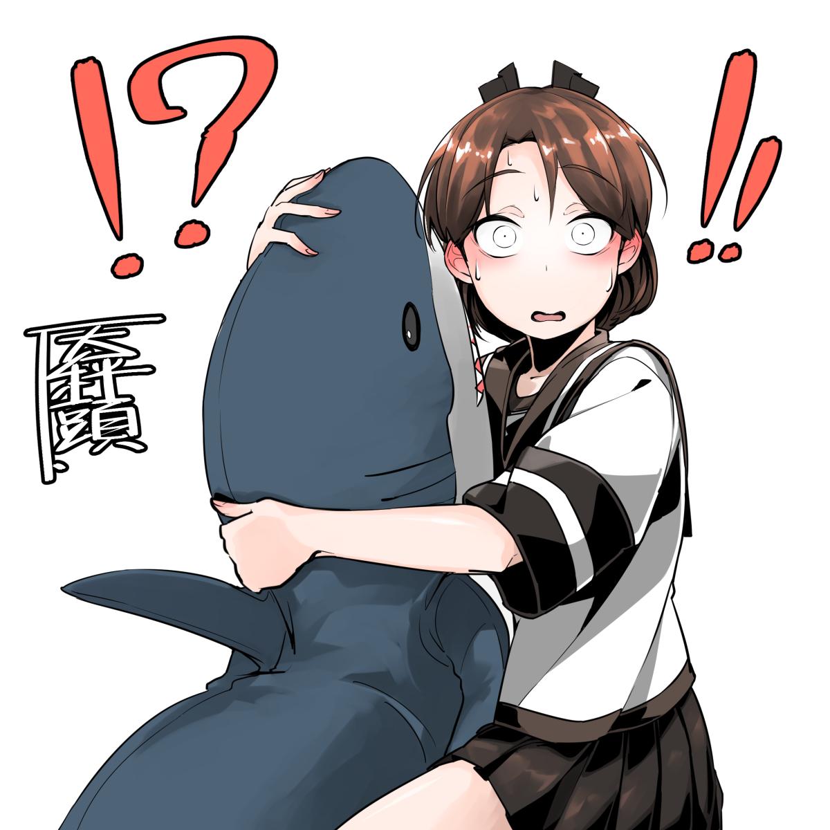 1girl, artist_logo, black_sailor_collar, black_skirt, brown_hair, dilated_pupils, doll_hug, highres