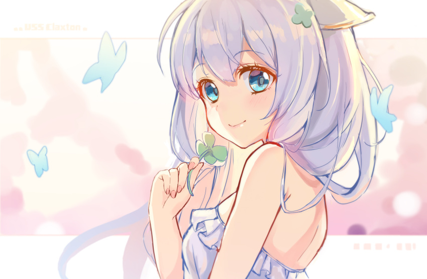 1girl, absurdres, animal, animal_ears, bangs, bare_arms, bare_shoulders, blue_eyes, blurry, blurry_background, blush, breasts, bug, butterfly, character_name, claxton_(warship_girls_r), closed_mouth, clover, clover_hair_ornament, commentary_request, depth_of_field, dress, eyebrows_visible_through_hair, fingernails, four-leaf_clover, four-leaf_clover_hair_ornament, hair_between_eyes, hair_ornament, hasu_(velicia), highres, holding, insect, long_hair, looking_at_viewer, looking_to_the_side, silver_hair, small_breasts, smile, solo, strapless, strapless_dress, upper_body, warship_girls_r, white_dress