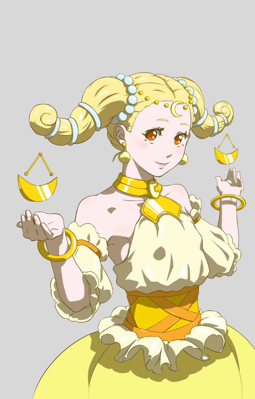 1girl, absurdres, blonde_hair, bracelet, commentary_request, detached_sleeves, earrings, highres, jewelry, precure, princess_libra_(precure), scale_hair_ornament, sleeveless, solo, star, star-shaped_pupils, star_princess, star_twinkle_precure, symbol-shaped_pupils, zephyranthes54