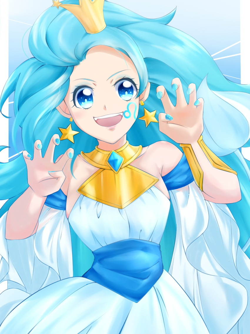 1girl, blue_eyes, blue_hair, claw_pose, commentary_request, crown, detached_sleeves, earrings, highres, jewelry, lion_tail, mini_crown, nail_polish, precure, princess_leo_(precure), solo, star, star_earrings, star_princess, star_twinkle_precure, tail, yu062424