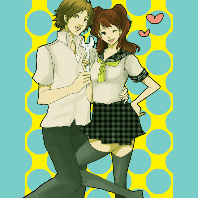 1girl, brown_hair, couple, hanamura_yousuke, happy, heart, kujikawa_rise, persona, persona_4, school_uniform, serafuku, smile, thigh-highs, thighhighs, twintails, twitails, wink, yousuke_hanamura