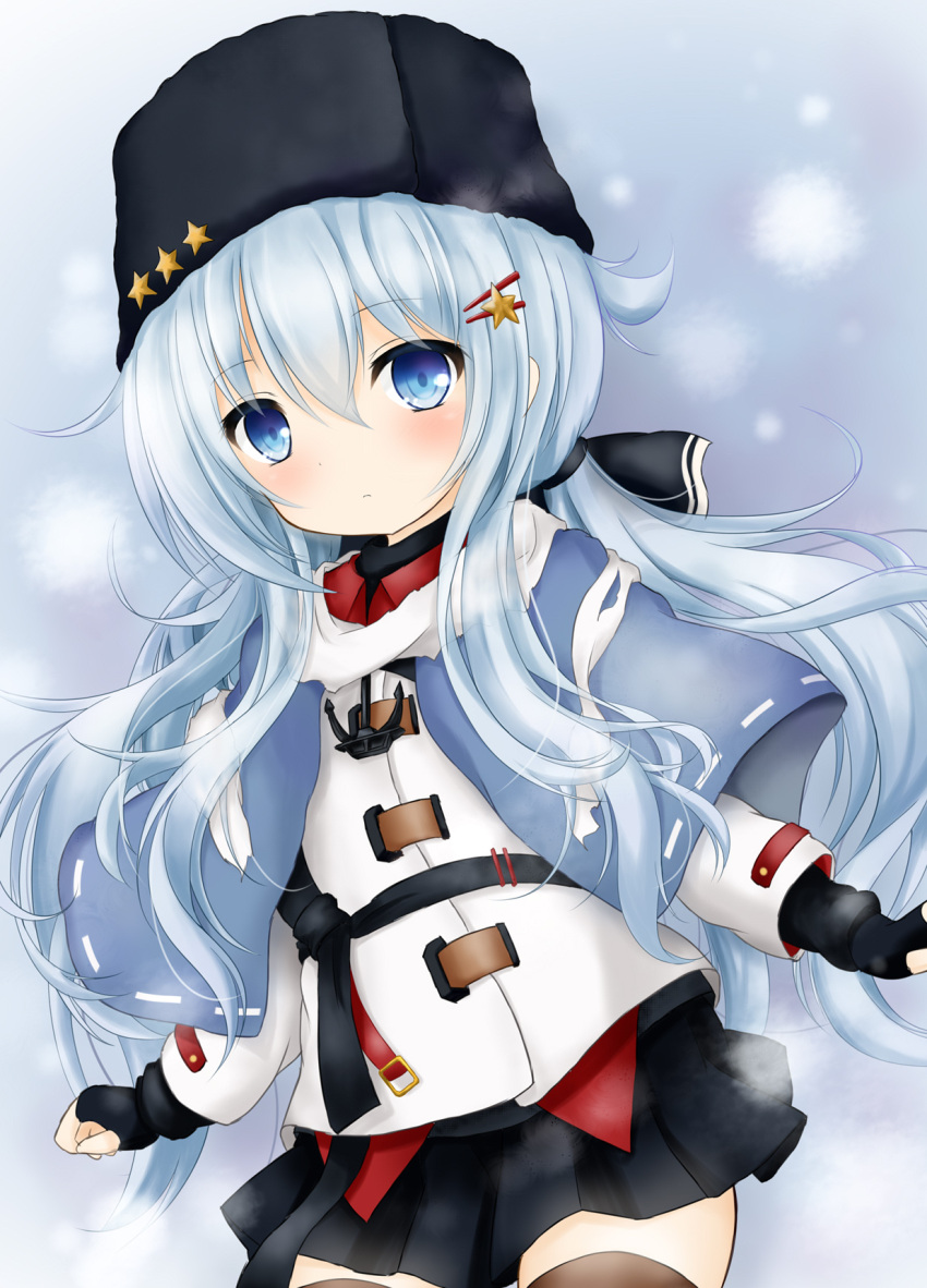 anchor_necklace, artist_request, black_skirt, blue_eyes, boots, cosplay, fingerless_gloves, gloves, hair_ornament, hibiki_(kantai_collection), highres, kantai_collection, papakha, sidelocks, skirt, star, star_hair_ornament, tashkent_(kantai_collection), tashkent_(kantai_collection)_(cosplay), thigh-highs, thigh_boots, twintails, verniy_(kantai_collection), white_hair, zettai_ryouiki